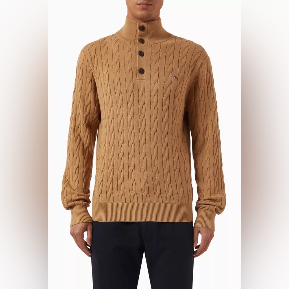 TOMMY HILFIGER Cable Knit mock neck sweater brown in men’s size large